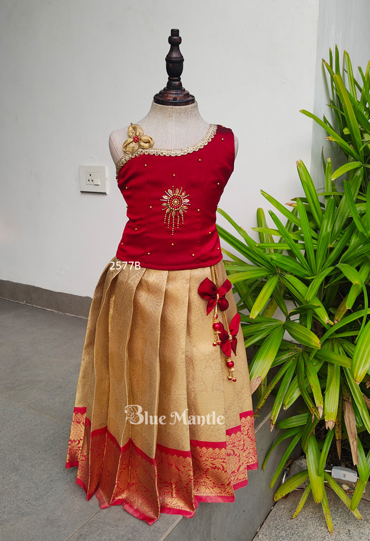 2577B Pre Order : "URVASHI" Reddish Maroon & gold Dhavani Full Skirt and Semi Crop Blouse- Dispatch on April 8