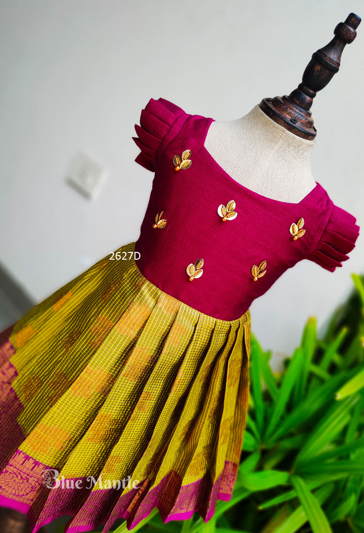 2627D Ready to Dispatch: "Sarangi" Pinkish Grape & Olive Green Frock