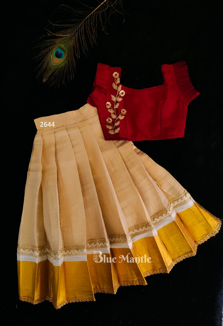 2644 Ready to Dispatch: Reddish Meroon gold Kerala full skirt& Blouse