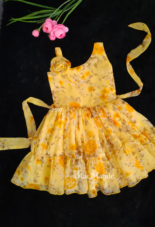 2690 Ready to Dispatch: Flower Printed Yellow Frock.