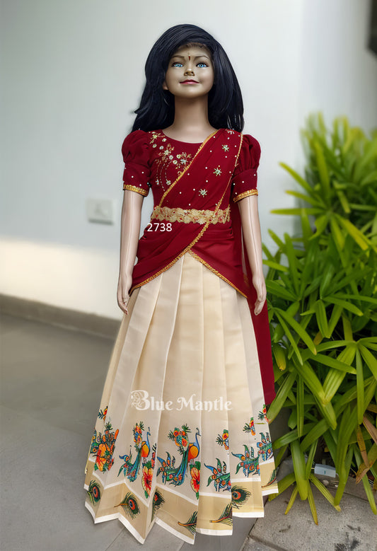 2738 PRE ORDER:"DRAUPATHI"Meroon Light Gold Dhavani - Dispatch on April 15