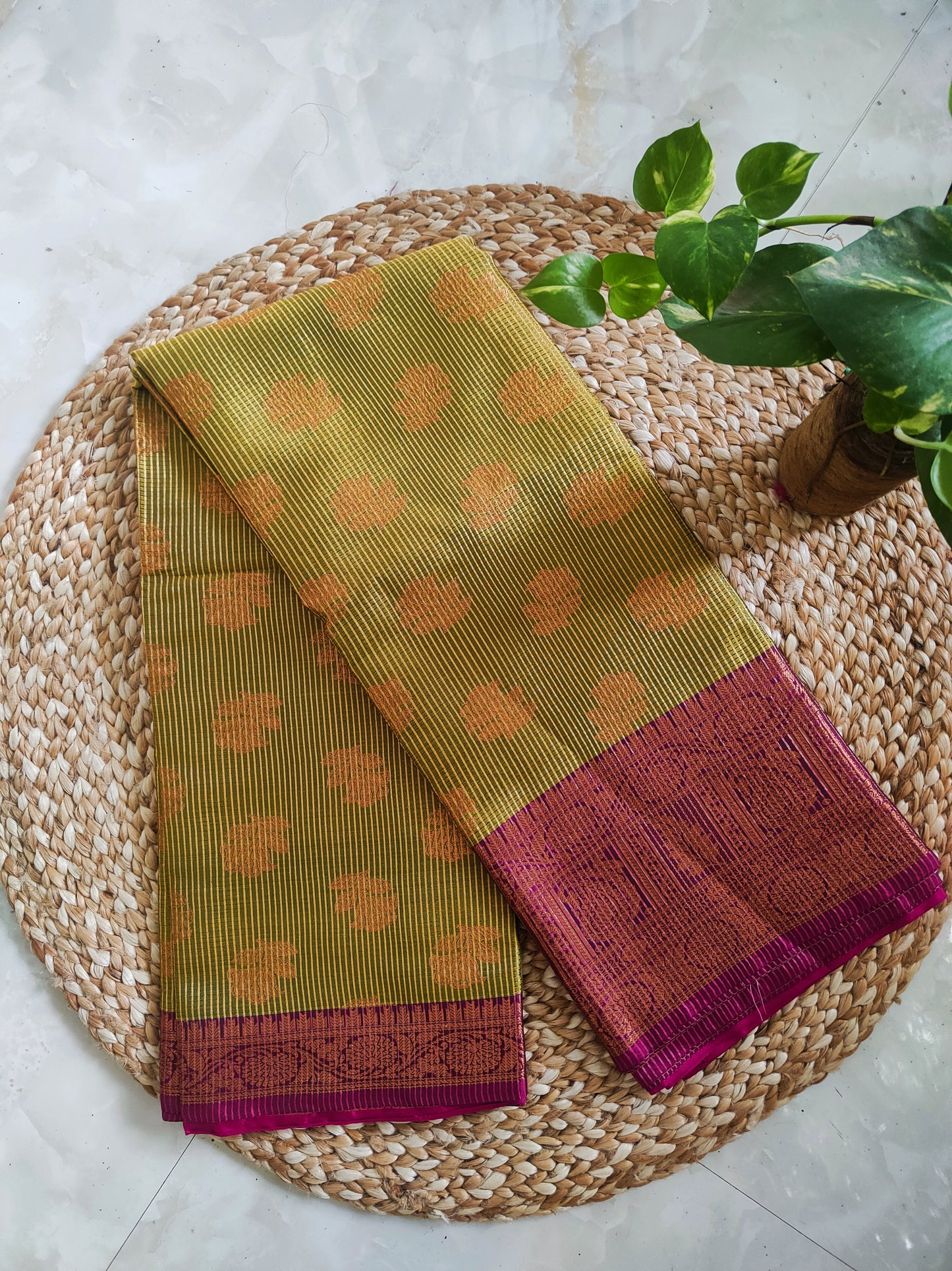 2627A Ready to Dispatch: "Sarangi" Pinkish Grape &Olive Green Saree