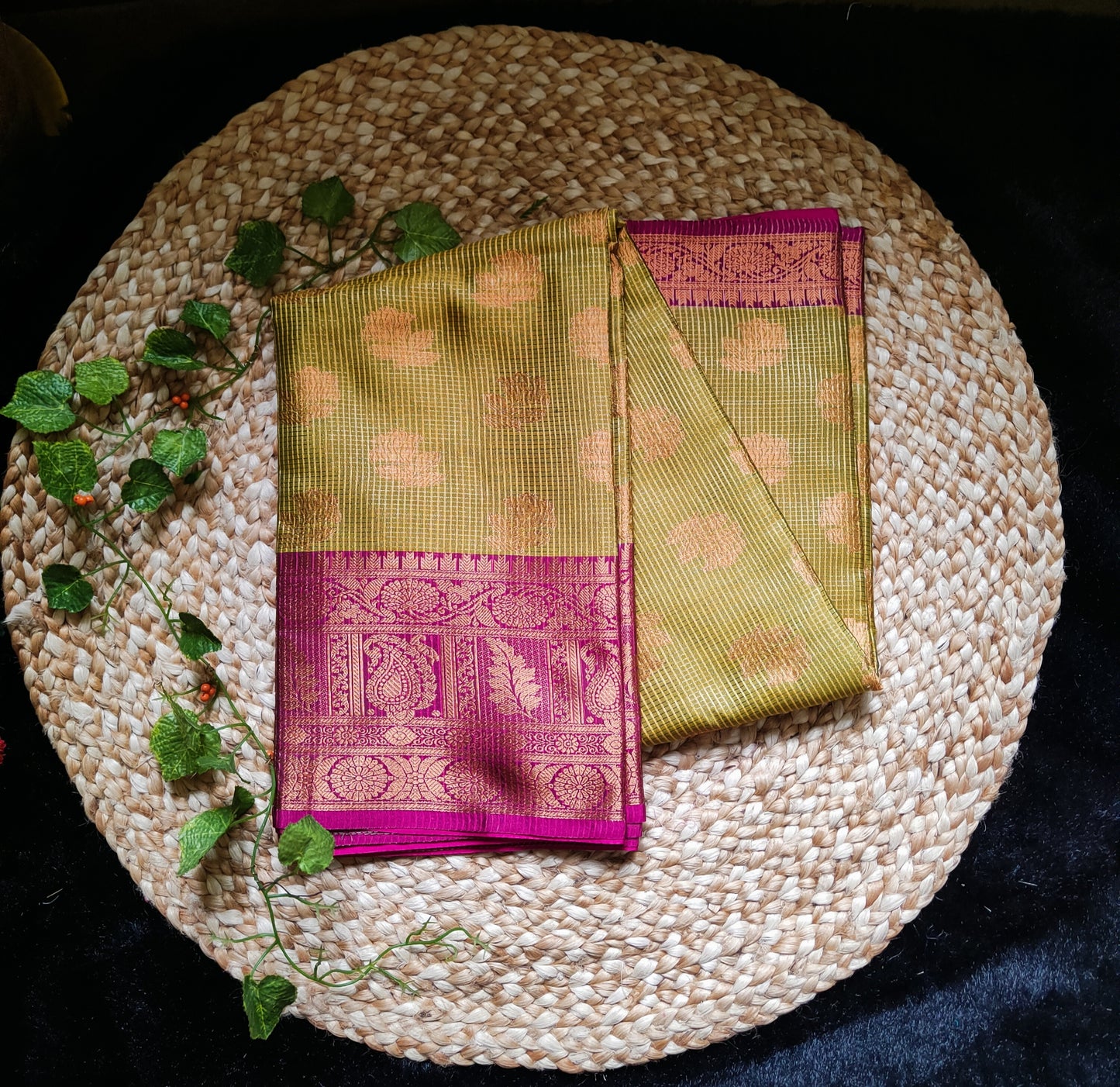 2627A Ready to Dispatch: "Sarangi" Pinkish Grape &Olive Green Saree