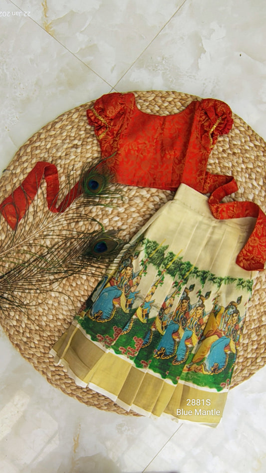 2881S: Gold mural full skirt & Red Blouse - Ready to Dispatch