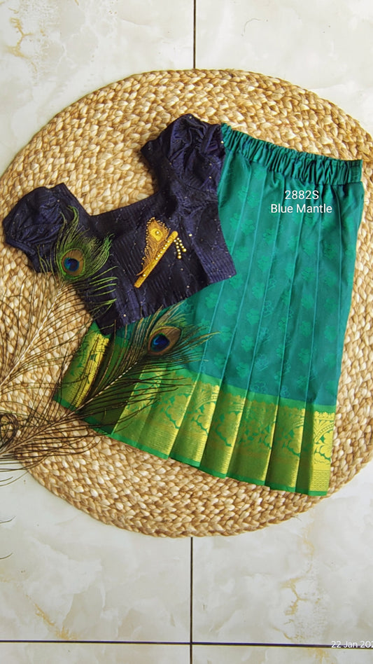 2882S: Green-Blue Dual full skirt & Navy-Blue Blouse - Ready to Dispatch