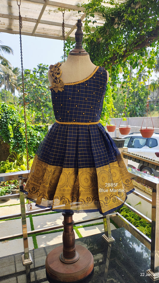 2885F: Navy Blue Checked Organza Frock - Ready to Dispatch