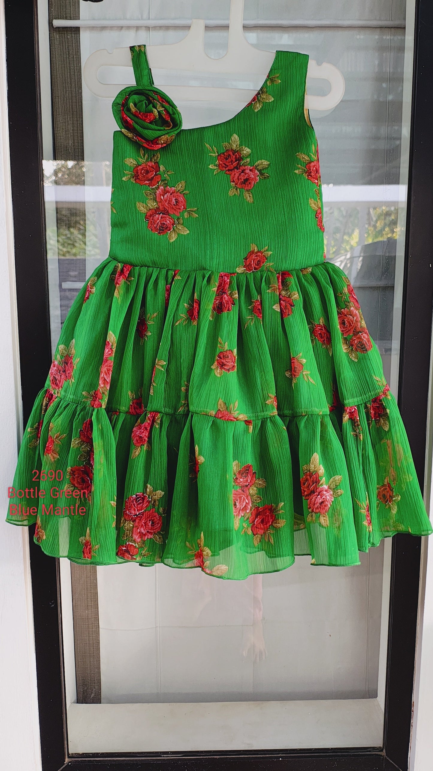 2960 Ready to Dispatch: Flower Printed Bottle green Frock.2690