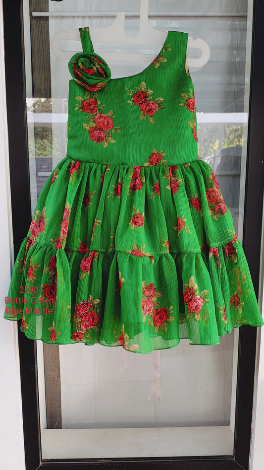 2690 Ready to Dispatch: Flower Printed Bottle green Frock.