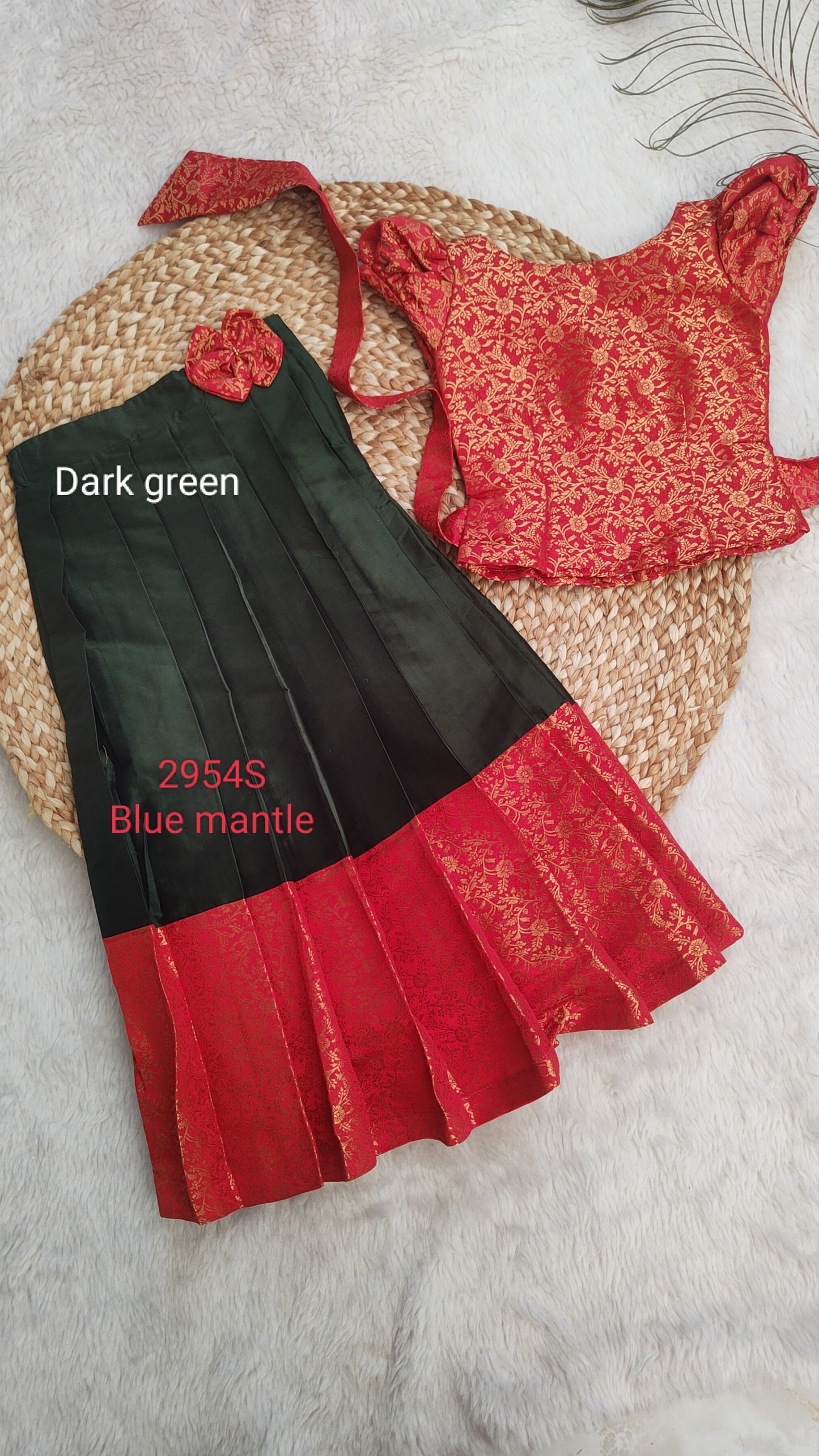 2954S: Red & Dark Green full skirt blouse - Ready to Dispatch