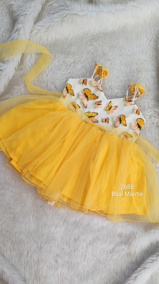 2688: Butterfly Mango Yellow Net Frock