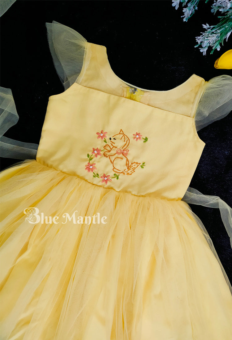 SDBM1421 ready to dispatch: Yellow Frock with Squirrel Embroidery