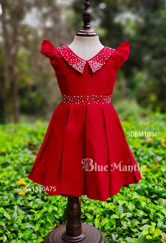 SDBM1804 Ready to Dispatch: Red & Off-White Christmas Box Pleated Frock