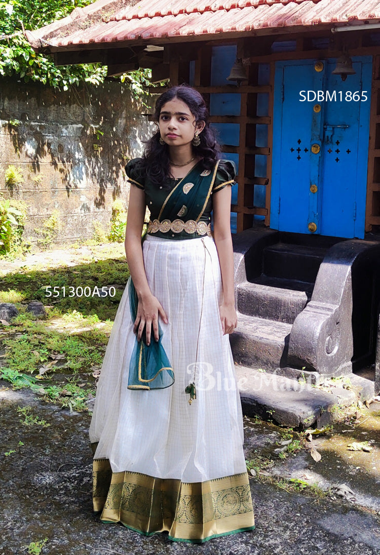 SDBM1865 Ready to Dispatch Green Off white Dhavani Crop Blouse Full Skirt