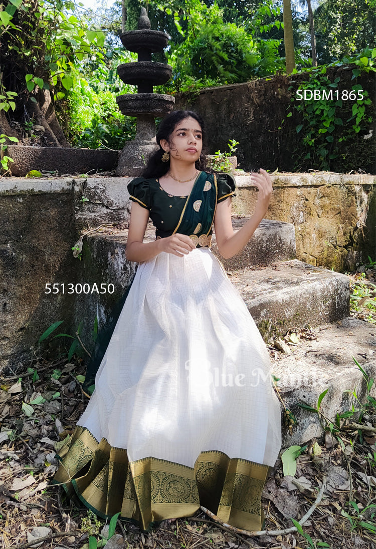 SDBM1865 Ready to Dispatch Green Off white Dhavani Crop Blouse Full Skirt