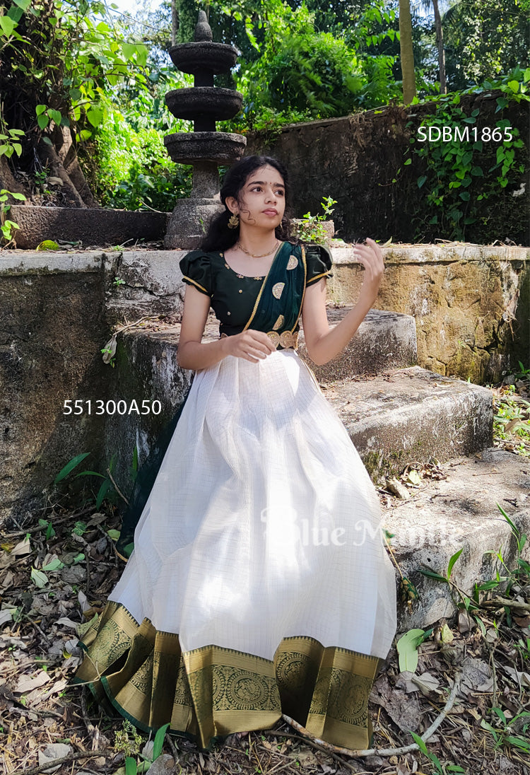 SDBM1865 Ready to Dispatch : Green &Off-white Dhavani Crop Blouse & Full Skirt