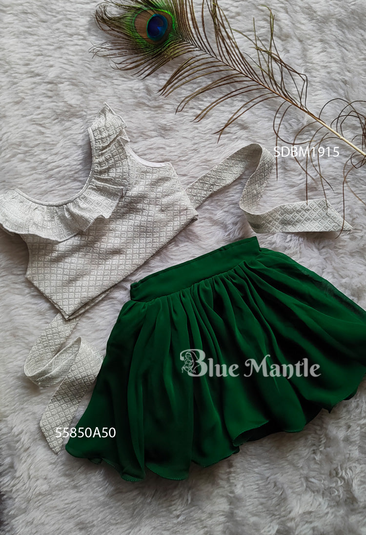 SDBM1915 Ready to Dispatch: White Brocade Crop top and Bottle Green Middy