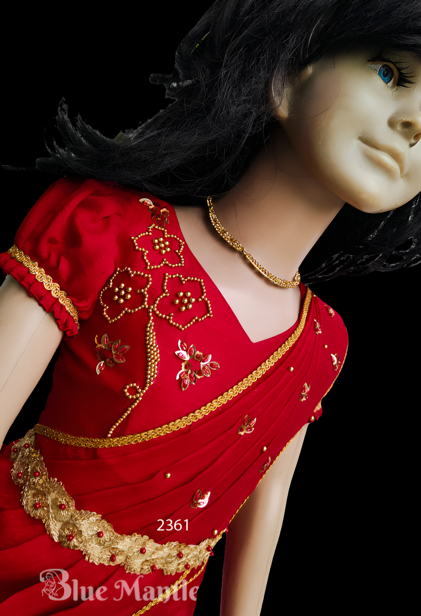 2361"CHENTHAMRA"Ready To Dispatch: Red with Olive green Skirt & Blouse with Dupatta