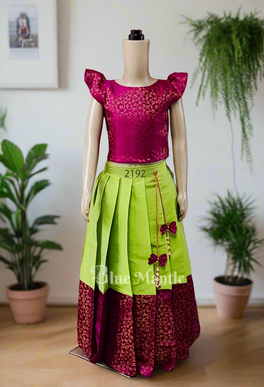 2192 Ready to Dispatch: Grape &light green full skirt blouse