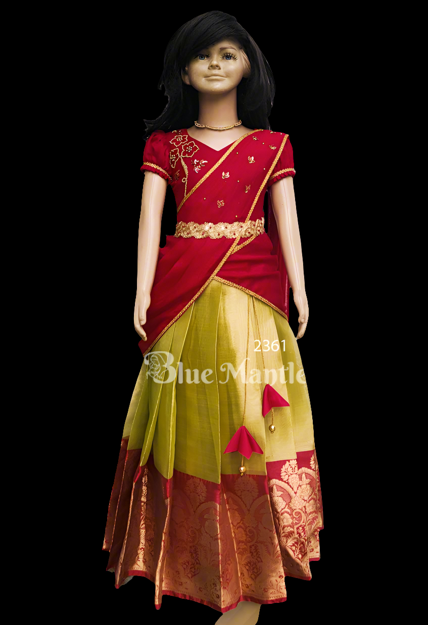 2361"CHENTHAMRA"Ready To Dispatch: Red with Olive green Skirt & Blouse with Dupatta