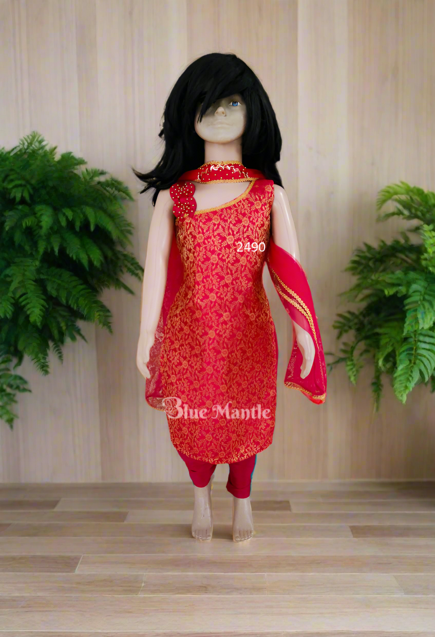 2490 ready to dispatch : Red Kids Designer Churidar