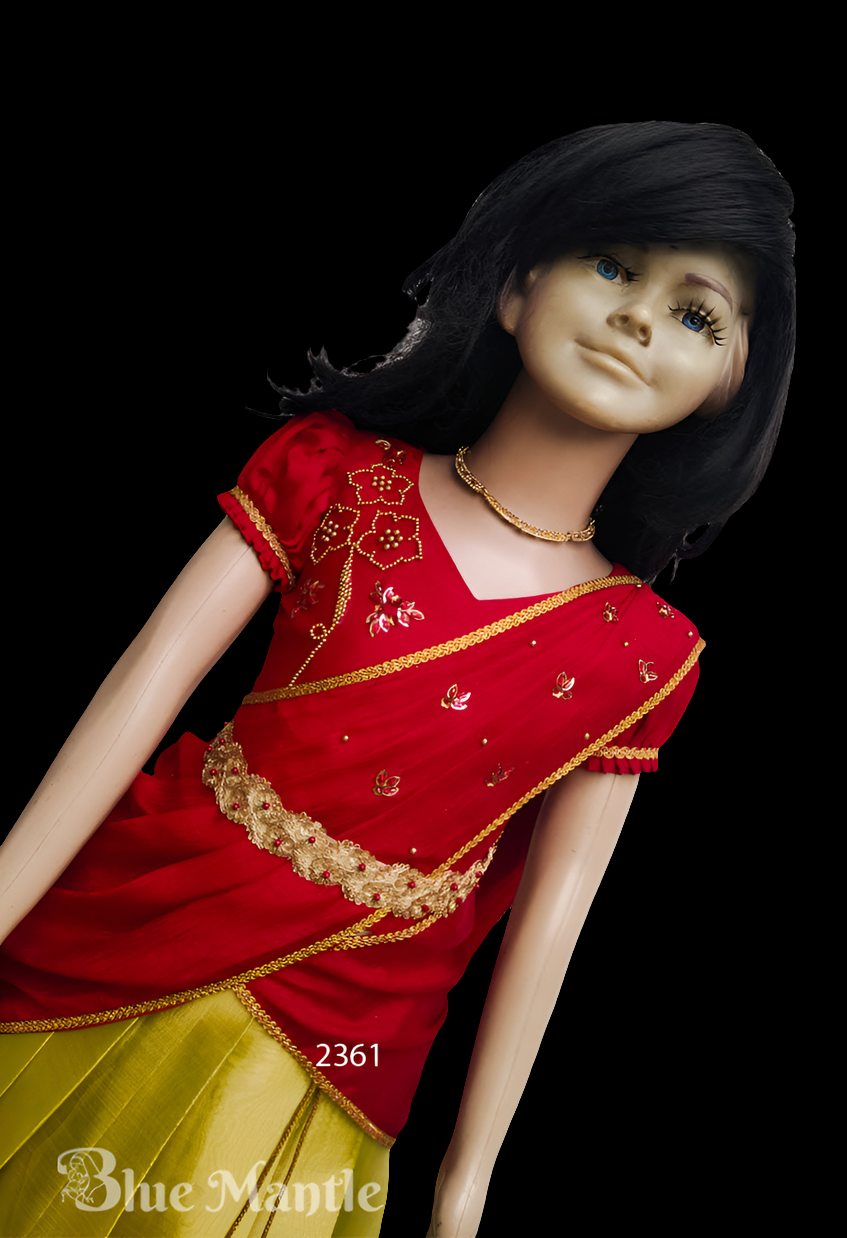 2361"CHENTHAMRA"Ready To Dispatch: Red with Olive green Skirt & Blouse with Dupatta