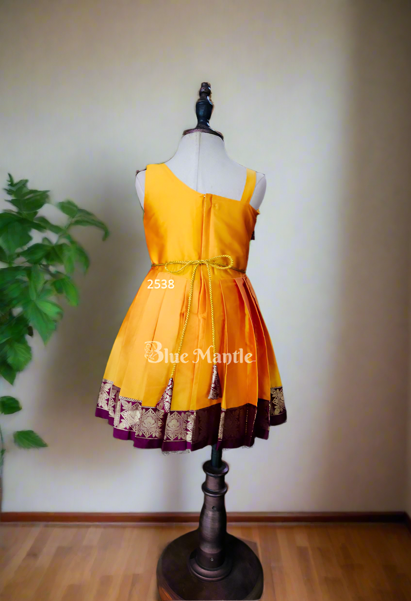 2538 Ready to Dispatch: Mango Yellow With Coffee Boarder Frock