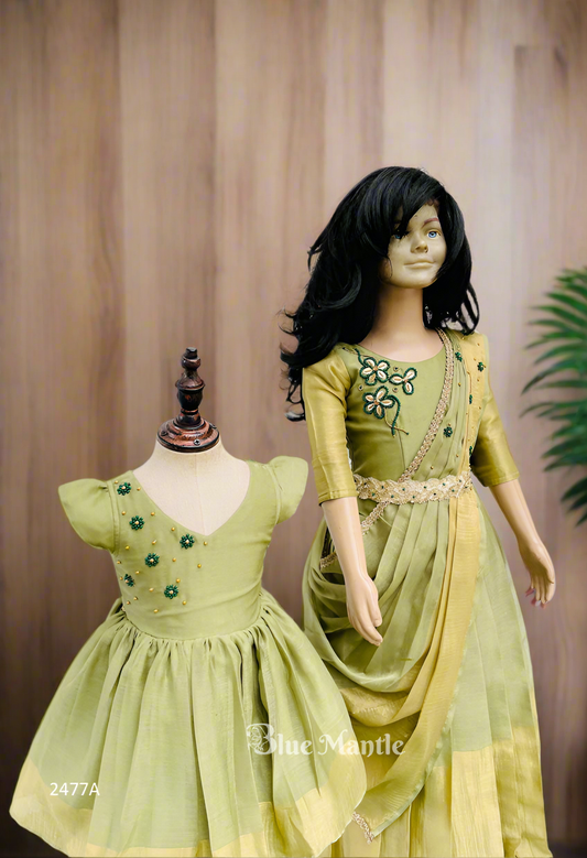 2477 combo : Blooming Pastel Green Dhavani & Frock