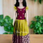 2583 Ready to Dispatch :Coffee Brown & Yellowish Green Full Skirt and Semi Crop Blouse,
