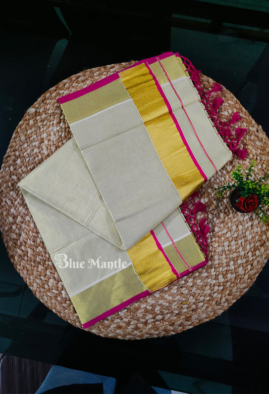 Set Saree Golden tissue with pink Border