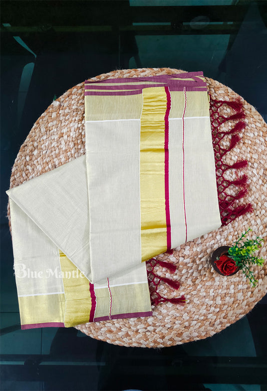 Set Saree Golden tissue with maroon Border