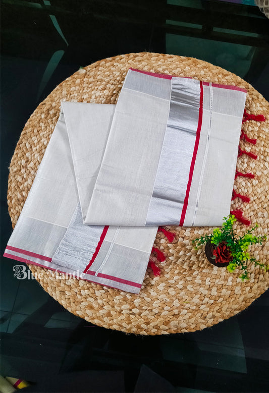 Set Saree Silver tissue with Red Border
