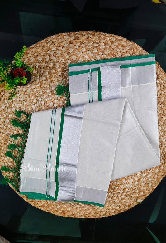Set Saree Silver tissue with Green Border