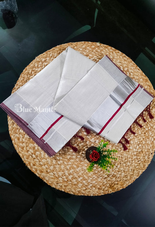Set Saree Silver tissue with Maroon Border