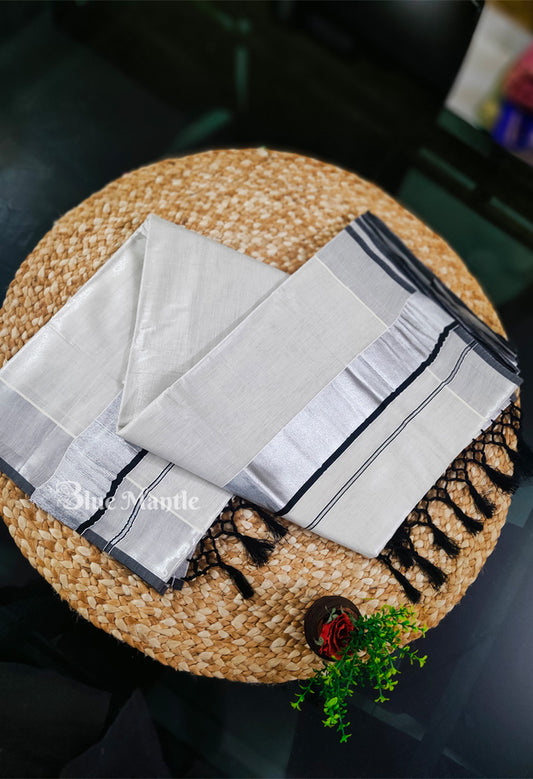 Set Saree Silver tissue with Black Border