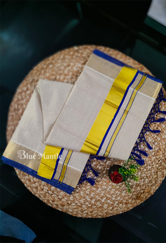 Set Saree Golden tissue with Blue Border